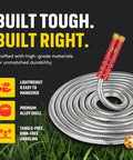 Heavy Duty Stainless Steel Garden Hose With Nozzle, Kink Free And Rust Resistant, coiled on grass with nozzle detail