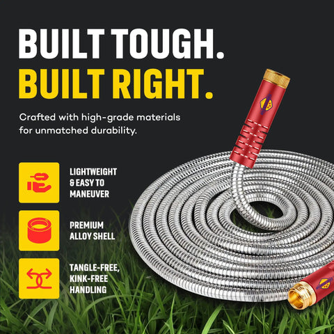 Heavy Duty Stainless Steel Garden Hose With Nozzle, Kink Free And Rust Resistant, coiled on grass with nozzle detail