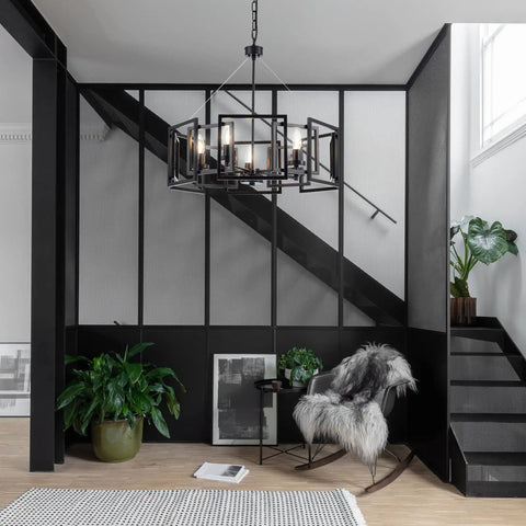 Industrial Style Chandelier With Matte Black Finish Geometric Shade Pendant Lighting Fixture For Dining Room Living Room