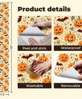 Halloween Botanical Peel And Stick Wallpaper Self Adhesive Removable Wall Decor Large Roll Easy Peasy Diy Room Glow Up With Dope Seasonal Vibes Covers 14 Square Feet close-up of product features including washable and waterproof details.