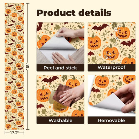 Halloween Botanical Peel And Stick Wallpaper Self Adhesive Removable Wall Decor Large Roll Easy Peasy Diy Room Glow Up With Dope Seasonal Vibes Covers 14 Square Feet close-up of product features including washable and waterproof details.