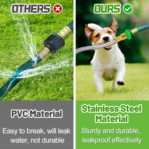 3Ft Short Garden Hose With Double Female Connectors For Quick Hose Reel Setup shown with durable stainless steel and leaking PVC comparison