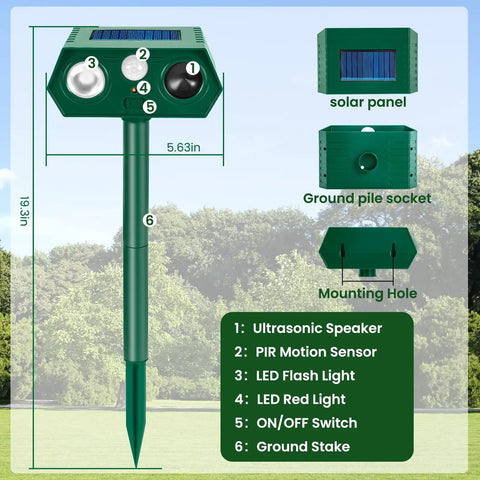 No-Hassle 4 Pack Ultrasonic Animal Repellent With PIR Motion Sensor And LED Lights For Outdoor Yard And Garden Waterproof Deterrent, green stake