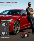 Beefy Dual Cylinder Tire Inflator Air Compressor 150 PSI 12V DC Portable Car Pump with LED light inflating red car tire