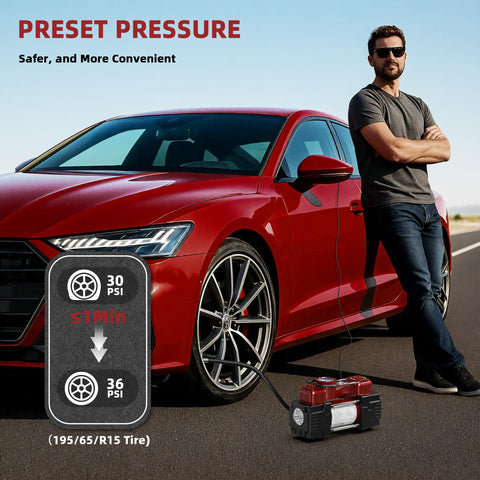 Beefy Dual Cylinder Tire Inflator Air Compressor 150 PSI 12V DC Portable Car Pump with LED light inflating red car tire