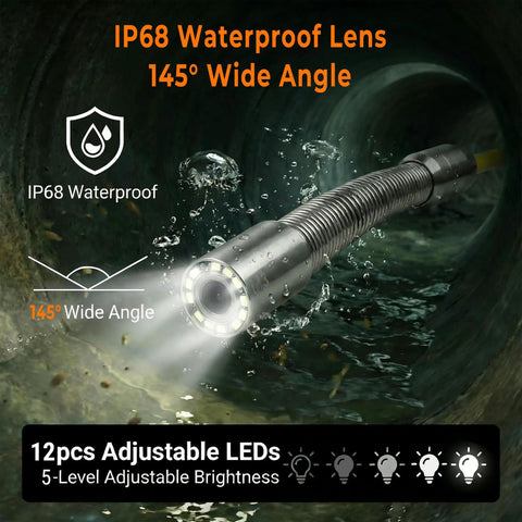 Rugged Pipe Inspection Camera With A 4.3 Inch Hd Dvr Monitor And 100 Ft Waterproof Cable For Drain Clogs And Wall Leak Tracking, IP68 lens.