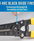 20-30 AWG Wire Stripper And Cutter With Coil Spring And Wire Looping Hole cutting blue wire, black oxide finish visible, yellow handles