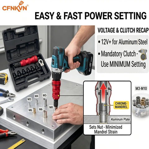 Person using Rivet Nut Drill Adapter Kit Three Eighths Inch Power Setter For Drills to install rivet nuts on metal plate