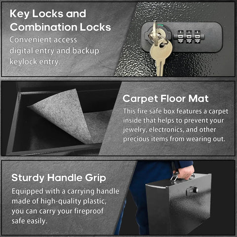 Fireproof Document Safe Box With Dual Lock System, Combination And Key Lock, Fire Resistant, Carpet Floor Mat, Sturdy Handle, Black
