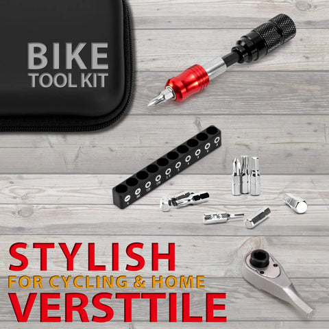 Image of Portable Bike Repair Tool Kit With Ratchet Wrench And Ten Bits, Tire Levers And Carry Bag For Road, Mountain And E Bike.