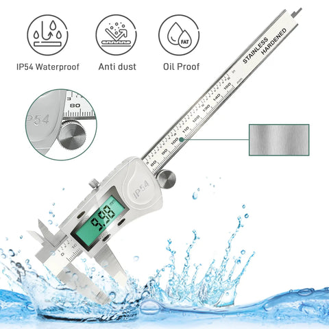 Ultra Accurate IP54 Waterproof Digital Caliper With Large LCD Screen Stainless Steel Vernier Caliper For Inch And Metric Conversion 6 Inch Measuring Tool For DIY Home Projects And Workshop Use shown with water splash, highlighting waterproof feature.