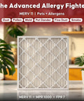 MERV 11 Pleated Air Filter for 1 Inch HVAC Slots, 21.5 x 23.3125 x 0.75 Inches, displayed on a table with plants