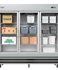 Heavy Duty Three Door Glass Front Commercial Refrigerator Reach In Cooler Built Tough With Stainless Steel Exterior 66.5 Cubic Feet filled with food storage.