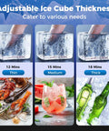 Adjustable ice cube thickness options shown: thin, medium, thick, showcasing ice for drinks and seafood.