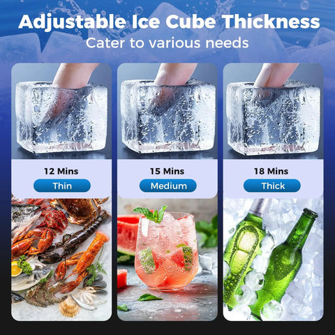 Adjustable ice cube thickness options shown: thin, medium, thick, showcasing ice for drinks and seafood.