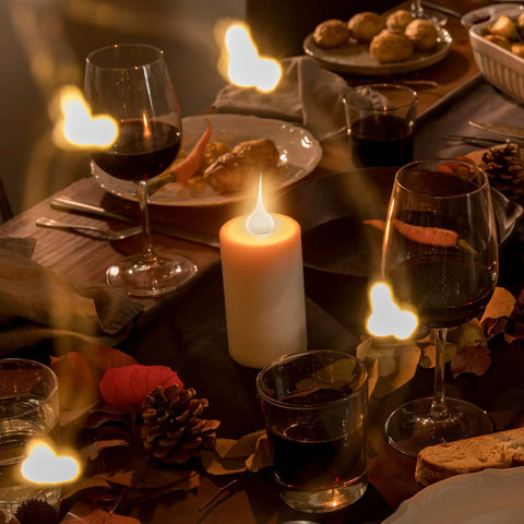 Candlelit dining table with warm ambiance, enhancing cozy vibe, Champagne Glow Silicone Light Bulbs 7.5 Watt Medium Base Individually Boxed Wholesale Pack Of 6 For A Cozy Vibe And Energy Efficient Warm White Lighting.