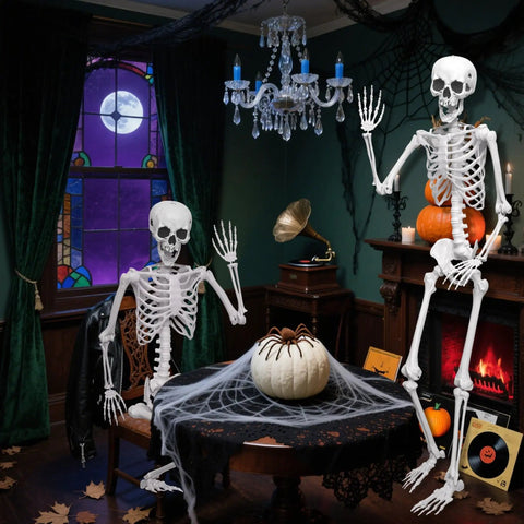 Indoor scene with Epic Life Size Halloween Skeleton With Movable Joints near a table, decorated for Dia De Los Muertos.