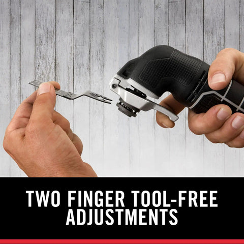 Hands using two finger tool-free system on 20V Max Oscillating Tool With 11-Piece Accessory Set, Tool Only, Quick Accessory Changes.