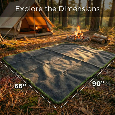 Go-To Rugged Wool Camping Blanket 70 Percent Wool, Fire Retardant, Washable, 66x90, on forest floor by campfire and tent