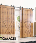 Black Rustic Single Track Bypass Sliding Barn Door Hardware Kit for Four Doors 10ft Long Flat Track Classic Roller Design