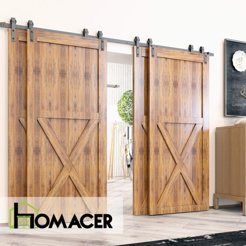 Black Rustic Single Track Bypass Sliding Barn Door Hardware Kit for Four Doors 10ft Long Flat Track Classic Roller Design