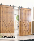 Ultimate Black Rustic Single Track Bypass Sliding Barn Door Hardware Kit for Four Doors Includes 12 Foot Flat Track with Two Flat and Two Bent Rollers for a Super Smooth and Hella Elegant Classic Design Upgrade that Slides Like a Dream shown with wooden barn doors.