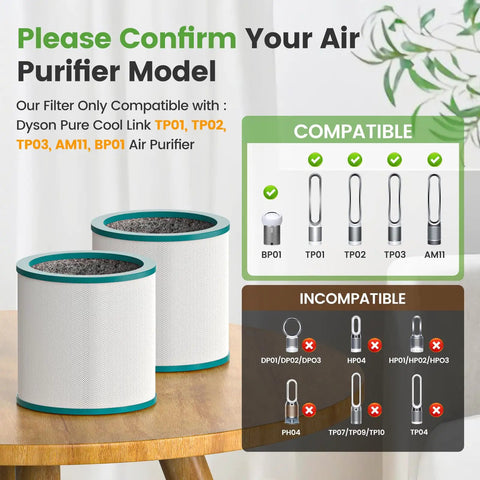 Replacement Air Purifier Filter For Tower Purifier Pure Cool Link TP01 TP02 TP03 BP01 Fits AM11 Purifiers 2 Pack showing compatibility chart.