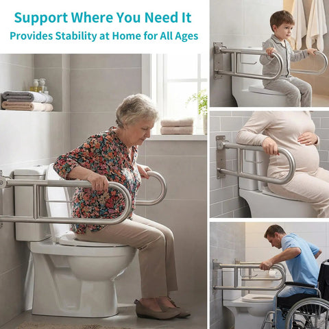 Flip Up Toilet Grab Bar With Built In Tissue Holder And Non Slip Knurled Grips Solid Bathroom Safety Rail Heavy Duty Support for various users.
