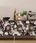 Dark Floral Peel And Stick Wallpaper Roll 24x354 Inches Black Background With White Purple Pink Roses on cabinet doors