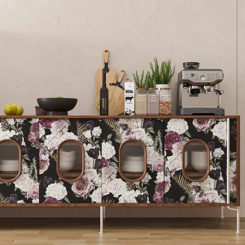 Dark Floral Peel And Stick Wallpaper Roll 24x354 Inches Black Background With White Purple Pink Roses on cabinet doors