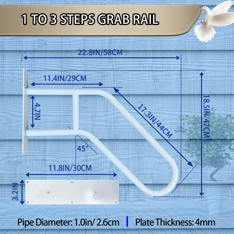 A Straight Up Rock Solid Wall Mounted Handrail Grab Bar For Indoor And Outdoor Steps Featuring Heavy Duty White Steel Railing, 1-3 steps grab rail dimensions.