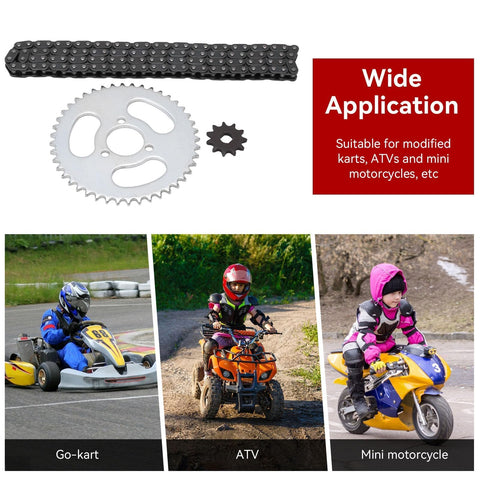 Beefed Up High Power Steel T8F Chain And Sprocket Kit for mini bikes and karts, 11T and 44T sprockets, suitable for go-karts, ATVs, mini motorcycles.