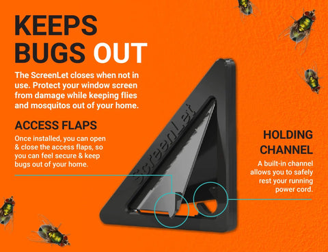 Window Screen Power Portal Pass-Through Attachment Clip-On For Outdoor Power Access shown with diagram on orange background.