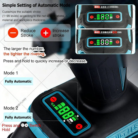 Cordless Electric Rivet Nut Gun Set With 5.2Ah Battery Portable Automatic Blind Riveter Tool control panel displaying modes and settings.
