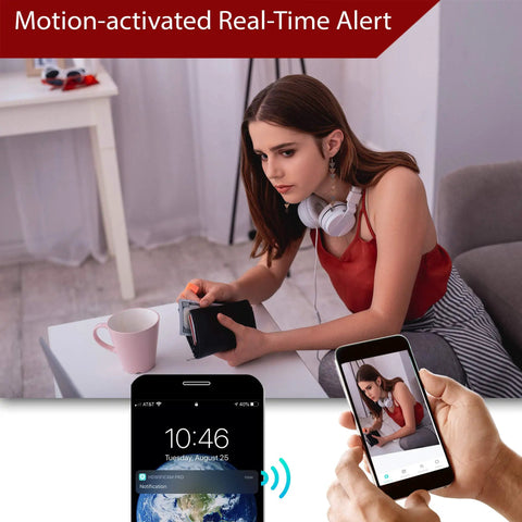 Woman receiving motion alert on phone from Hidden Spy Camera Nanny Cam With 1080P Full HD Video And Advanced Motion Detection for home use.