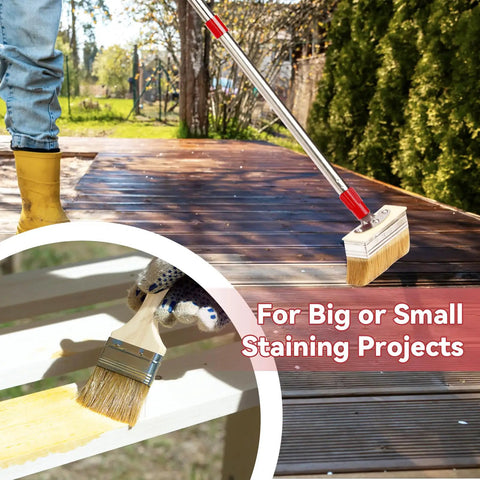 60 Inch Long Handle Deck Stain Brush Kit with 7 Inch Deck Stain Brush and 3 Inch Paint Brush for wood stains and coatings