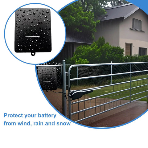 Rock Solid Steel Battery Enclosure For Automatic Gates housing two 12 Volt 7 Ah Lead Acid Packs with splash proof cover on a gate.