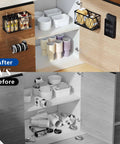 Before and after showcasing the 4 Pack No Drill Cabinet Door Lid Organizer For Plastic And Tumbler Lids Wall Mounted Kitchen Storage.