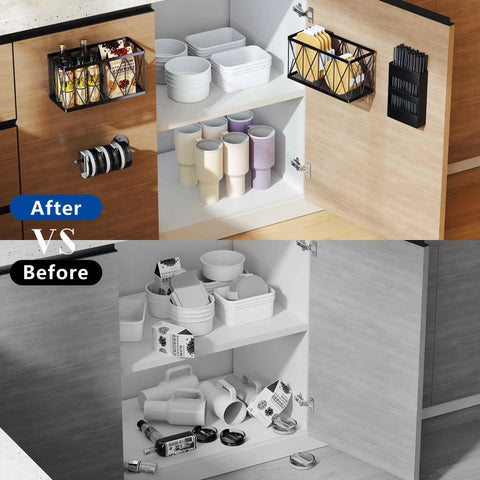 Before and after showcasing the 4 Pack No Drill Cabinet Door Lid Organizer For Plastic And Tumbler Lids Wall Mounted Kitchen Storage.