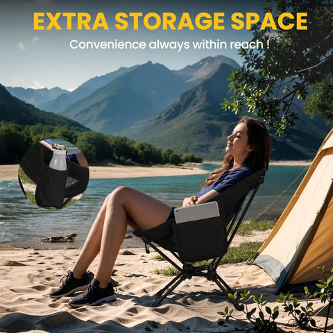 Woman relaxing on an ultra lightweight folding camping chair for hiking and backpacking, set of two with carry bag, ultralight beach chair that supports up to 330 lbs, compact park and camp gear for adults, outdoor adventure ready, by a tent near a scenic lake.