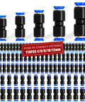 Front view: 110-piece push-to-connect air hose fittings set, black with blue collars for 4/6/8/10/12 mm tubing.