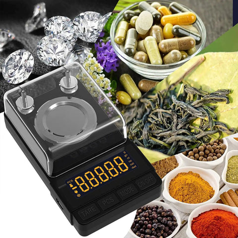 Ultra Precise 50g Digital Milligram Scale With 0.001g Readout For Reloading, Compact Black Powder Scale, displayed with jewels and herbs.