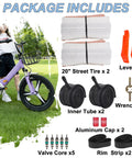 Two Pack 20x1.75 White Bike Tires And Tubes Set For Road Street E-Bike And Wheelchair with tools and accessories displayed