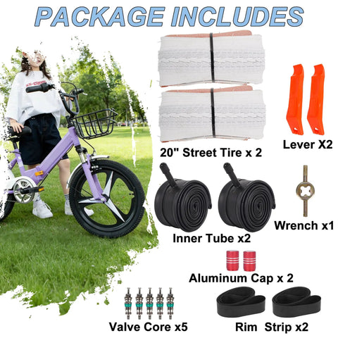 Two Pack 20x1.75 White Bike Tires And Tubes Set For Road Street E-Bike And Wheelchair with tools and accessories displayed