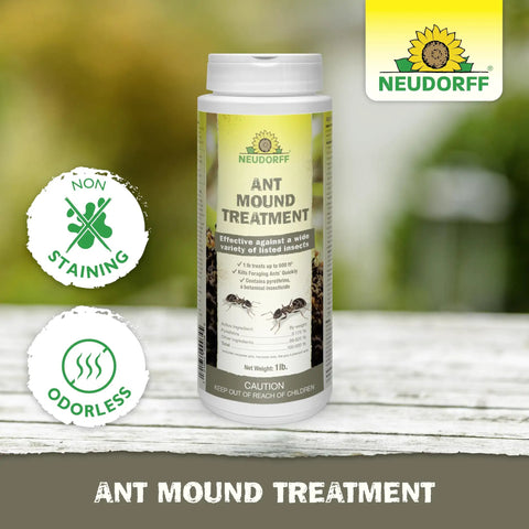 Ant Mound Treatment bottle on table with non-staining and odorless features displayed, product by Neudorff