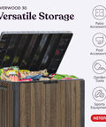 Backyard Must-Have Everwood 30 Gallon Resin Outdoor Storage Box And Patio Side Table For Pool And Garden Accessories Walnut Finish Perfect For Cushions Pool Gear And Outdoor Essentials with lid open.