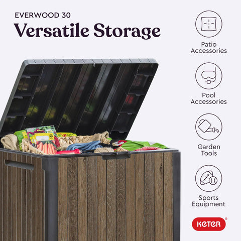 Backyard Must-Have Everwood 30 Gallon Resin Outdoor Storage Box And Patio Side Table For Pool And Garden Accessories Walnut Finish Perfect For Cushions Pool Gear And Outdoor Essentials with lid open.