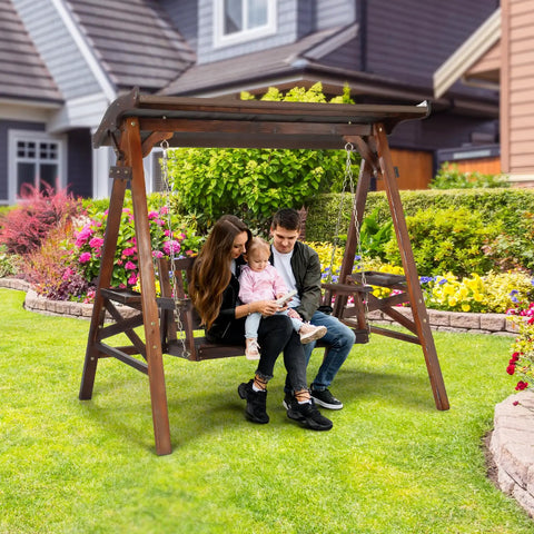 Porch Swing With Stand And Canopy, Waterproof Outdoor Patio Swing With Cup Holder in garden setting with family sitting