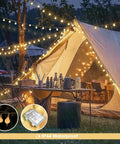 Warm White 100 LED Globe Battery Operated Christmas Lights Indoor With Eight Modes For Cozy Dorm Room Bedroom Or Tree Decor Soft Glow Easy On Battery Perfect For Year Round Holiday Vibes illuminating a camping tent and outdoor setup in the rain.