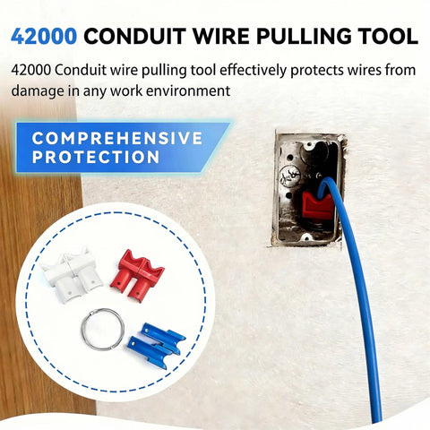 Effortless Wire Guidance Kit For Conduit Pulling Tools Pro Grade Set shown with conduit tools and wire protection in outlet.